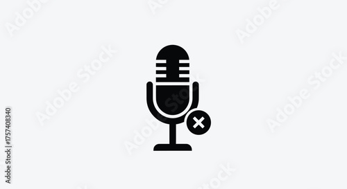 Black microphone icon with mute symbol for audio recording and broadcasting vector