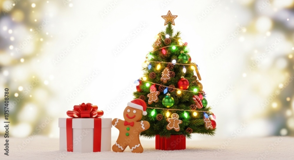 Obraz premium A Christmas tree with gingerbread cookies and presents in front of it.