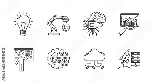 Set of industry 40 icons representing technology innovation automation data and ai vector