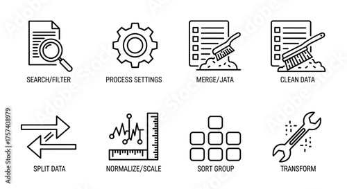 Collection of business and technology icons representing data management and process automation concepts vector