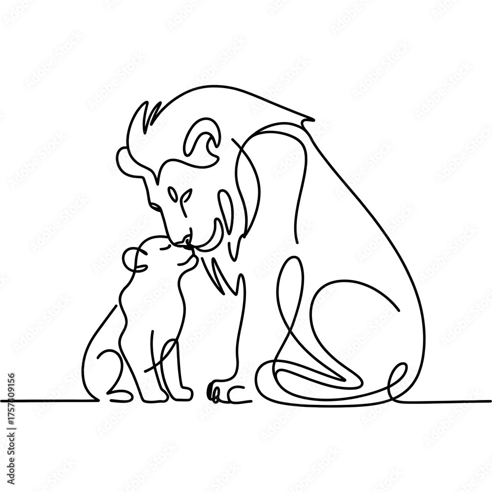 Fototapeta premium Minimalist continuous line art of a loving lion and cub nuzzling, symbolizing family bond, care, and protection in the wild.
