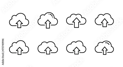 Set of eight cloud upload icons with hand-drawn sketchy doodle style vector