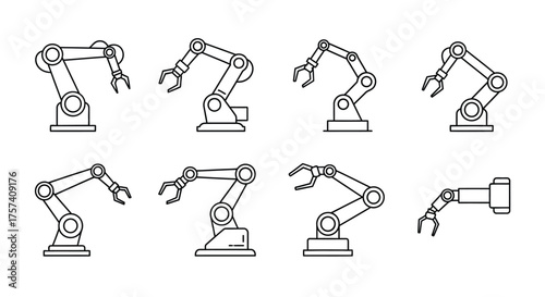 Set of industrial robotic arms with articulated joints and gripper end effectors isolated on white vector