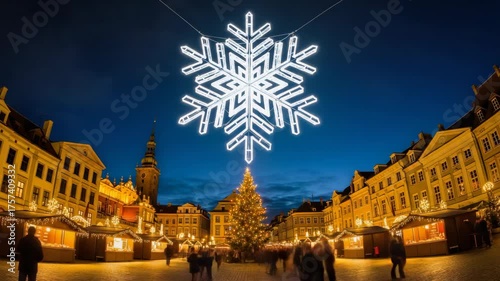 Festive evening market square with illuminated snowflake lights at dusk
