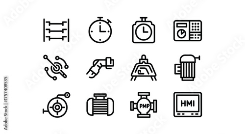 Set of industrial automation icons representing machinery control systems equipment technology vector