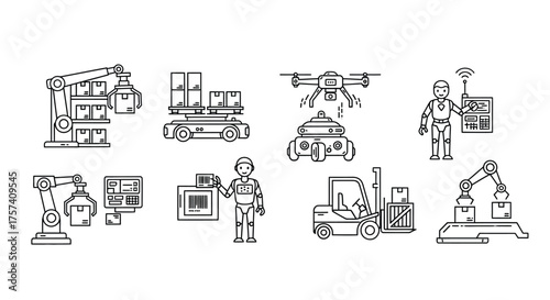 Modern logistics and warehousing icons featuring trucks drones forklifts and robots vector