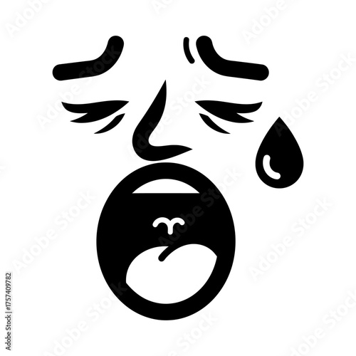 Monochrome Sad Crying Face Vector Icon with Stylized Features
