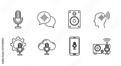 Collection of sketch-style icons representing voice technology and audio equipment for digital use vector