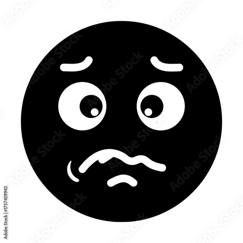 Round Black Icon of Concerned Face with White Eyes and Mouth