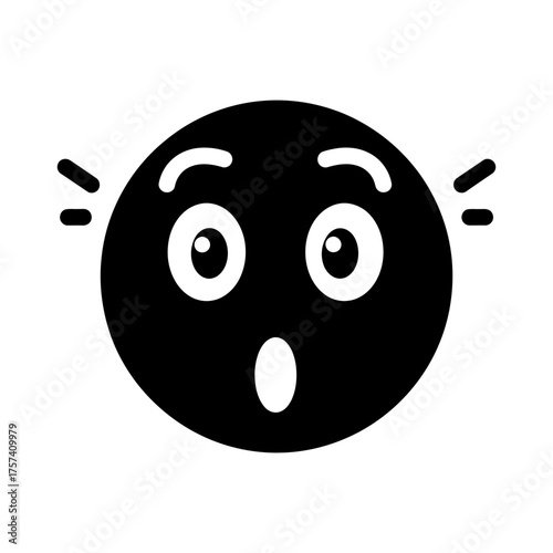 Flat Black Surprised Emoticon Icon with White Eyes and Mouth Design