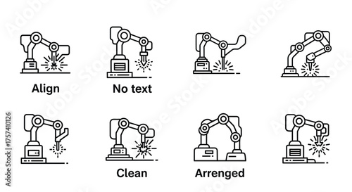Set of industrial robotic arm icons in various positions and configurations for manufacturing automation vector