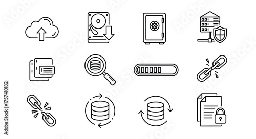 Hand drawn icons representing cloud storage data security and digital technology concepts vector