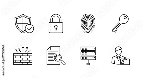 Cybersecurity icons set shield lock fingerprint key firewall search document database security guard vector