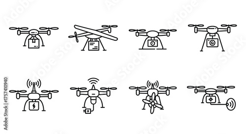 Collection of eight diverse drone icons representing modern aerial technology and surveillance vector