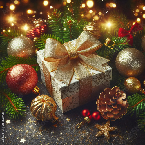 Green Christmas tree branches with shiny toys, gifts under the tree.