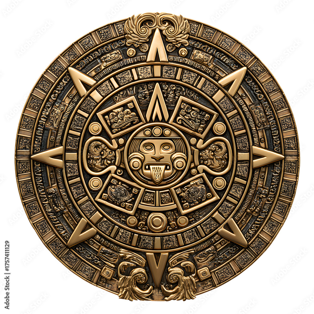Naklejka premium Ancient Aztec Calendar: A detailed view of an ancient Aztec calendar, revealing intricate patterns and symbolic figures. The metallic texture of the sunstone, rich with history and mystery.