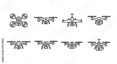 Collection of eight distinct drone icons featuring modern aerial vehicle designs vector