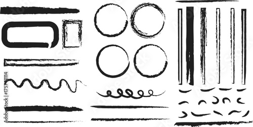 Collection of various black paint brush strokes and splatters on a white background	