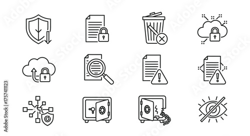 Set of stylized flat icons representing digital security data protection and privacy concepts. vector