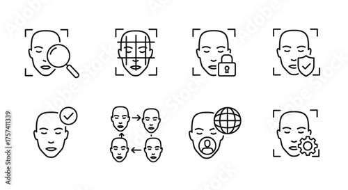 Facial recognition technology icons set for biometric security and identification systems vector