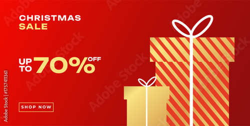 Merry Christmas and Happy New Year horizontal banner, cover, poster, greeting card in modern simple geometric style in gold and red colors for season greetings, ads, sales, print