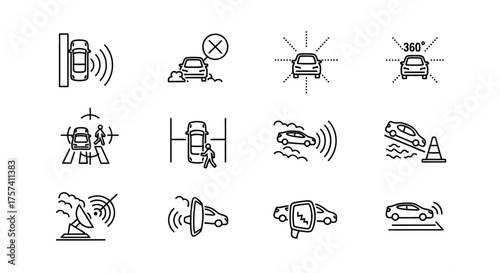 Collection of automotive driver assistance system icons representing safety features and sensor technology vector