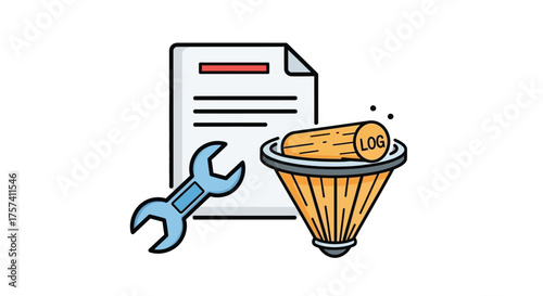 Technical support document wrench and filter icon represents troubleshooting and maintenance solutions vector