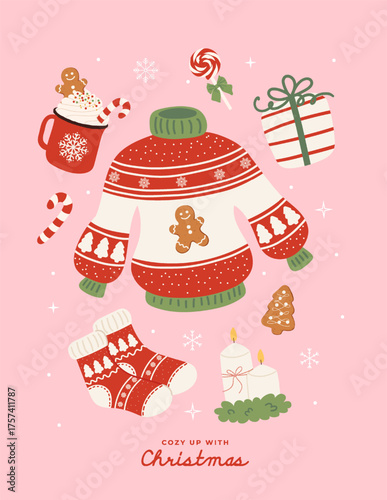 Cute Christmas vintage greeting card with cozy sweater, socks, candy, gingerbread cookies, mug of hot cocoa, candles and gift. Retro Xmas poster, cover, holiday background.