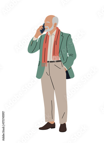 Minimalist vector of an elderly man in sage blazer and coral scarf holding a phone, flat modern style, clean lines, business casual illustration on transparent background