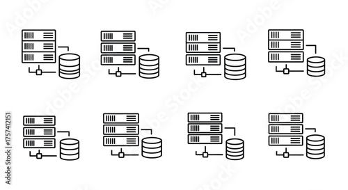 Server rack and database icons set for network architecture and data storage solutions vector