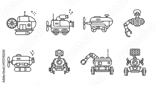 Diverse collection of blueprint style sketches of various vehicles and machines vector