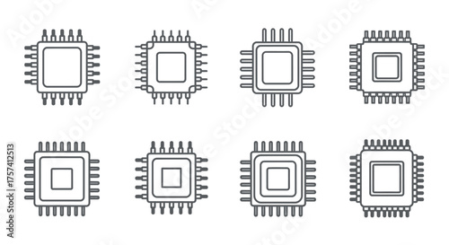 Set of eight square microchip computer processor icons with external pins in a grid pattern vector
