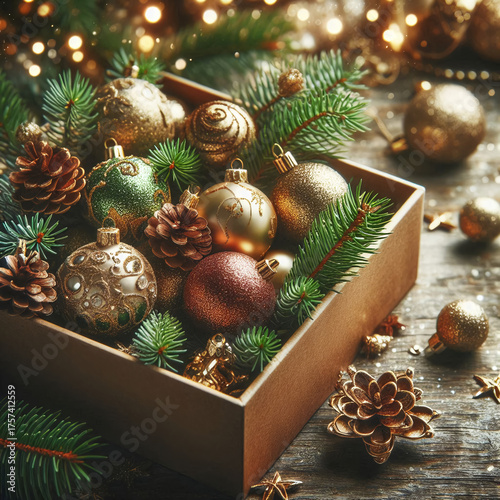 Green Christmas tree branches with shiny toys, gifts under the tree.