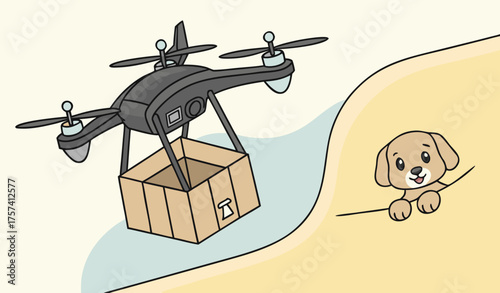 black Drone delivery service aerial package shipping quadcopter flying with cardboard box in which a baby puppy isolated on light gradient background technology concept