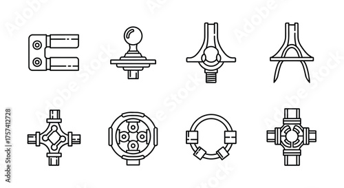Collection of automotive universal joint and drive shaft component line drawings vector
