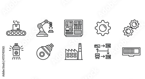 Collection of hand-drawn industrial manufacturing icons for technology and production concepts vector