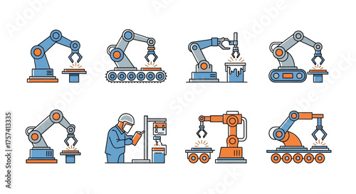 Set of robotic arms in industrial settings showing manufacturing and automation processes vector