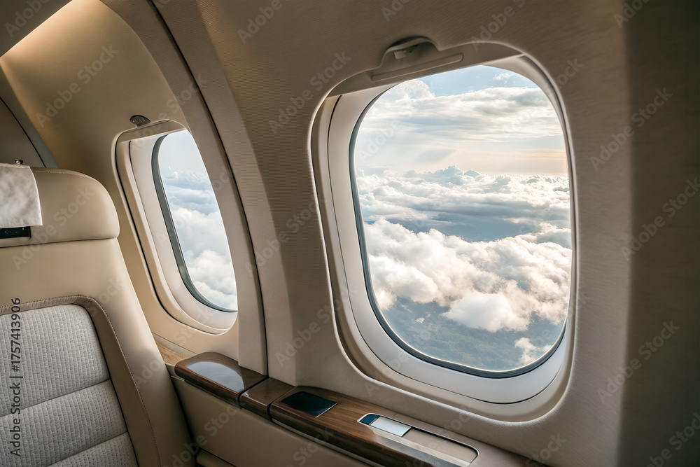 Naklejka premium Aerial view of clouds and sky through airplane window of private jet. Peaceful and luxury travel concept with comfort and freedom atmosphere.