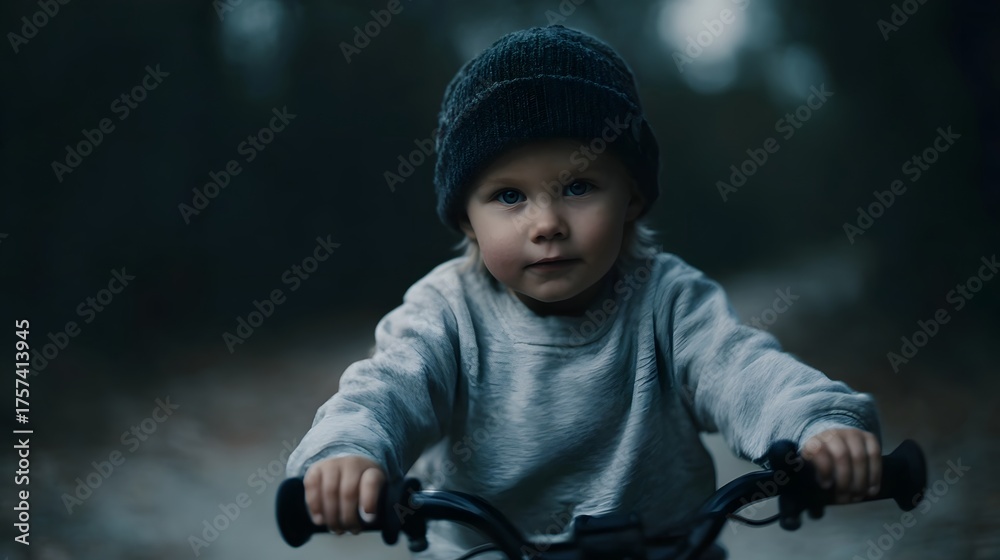 Obraz premium A young child wearing a beanie rides a bicycle through a moody outdoor natural setting