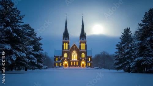 Enchanting nightfall on snowy cathedral with illuminated windows and moonlit glow