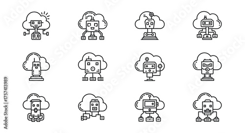 Digital cloud computing icons representing data storage network connections and technology solutions vector