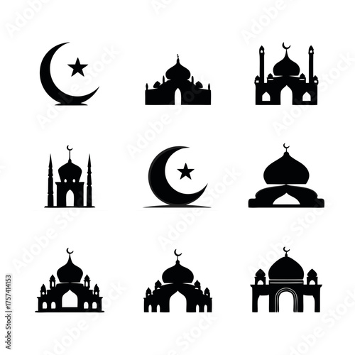 Diverse black mosque silhouettes with crescent moon and star symbols. Islamic architecture, religious faith, spirituality, and Muslim culture icon set.