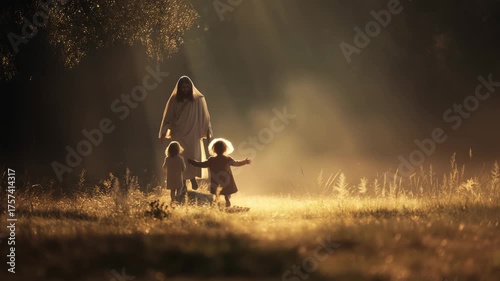 Boy and girl runs joyfully towards Jesus in a peaceful, sunlit setting filled with soft golden light