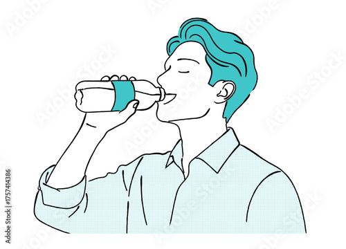 ペットボトルで水分補給をする男性の線画イラスト,水,健康,水分補給,リフレッシュ