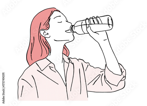 ペットボトルで水分補給をする女性の線画イラスト,水,健康,水分補給,リフレッシュ