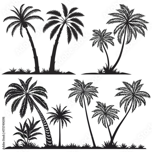 A collection of black silhouette palm trees arranged in a grid pattern on a white background