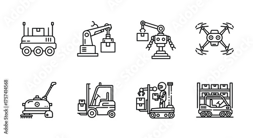 Collection of industrial robotics and automated machinery icons for technology and manufacturing vector