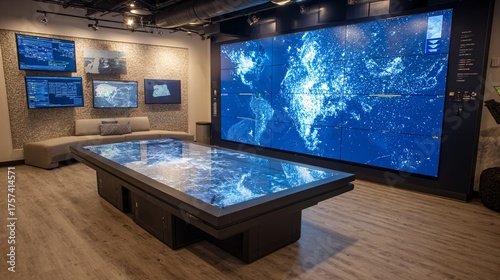 Operations lounge with giant map video wall and interactive touch table