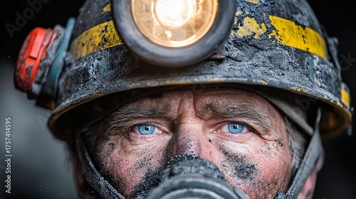 Coal miner portrait with headlamp, blue eyes, grit and determination