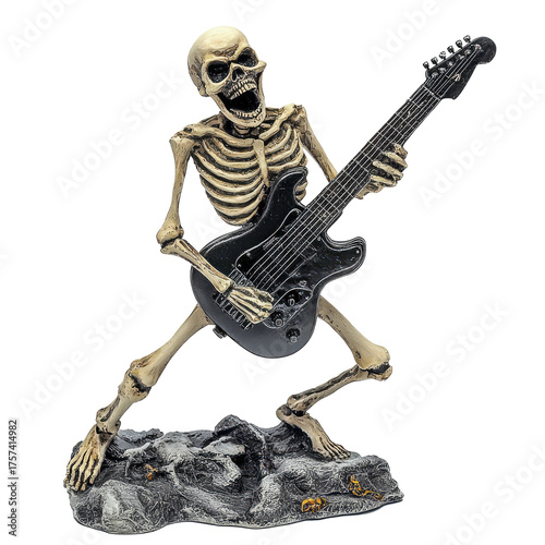 A skeleton playing an electric guitar on a rocky surface.